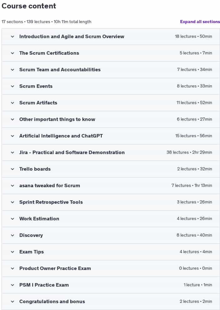 Course topics · Udemy — Product Owner Certification & Exam Prep + Scrum Master & AI 2025-1
