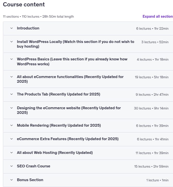کورس کے موضوعات · eCommerce کے ساتھ ویب سائٹ بنائیں WordPress WooCommerce کے مترادفات 2025-9