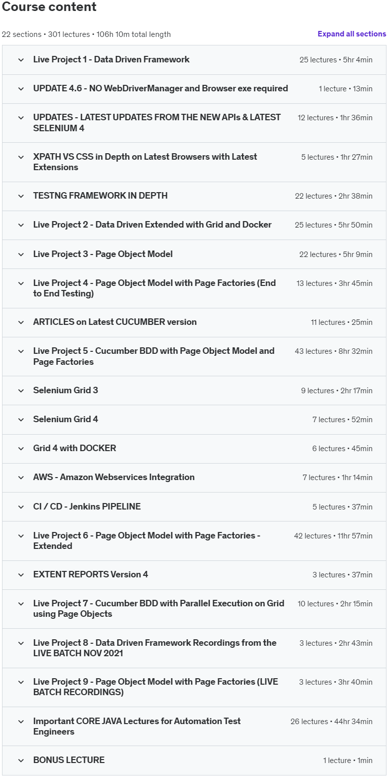 Course topics · Automation Architect – Selenium WebDriver – 9 Live Projects 2023-4