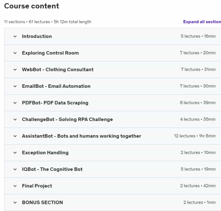 Course topics · Automation Anywhere 360/A2019 – Complete RPA Training Course 2021-5