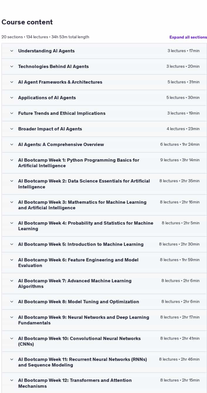 Course topics · Udemy — AI Agents for Everyone and Artificial Intelligence Bootcamp 2025-4