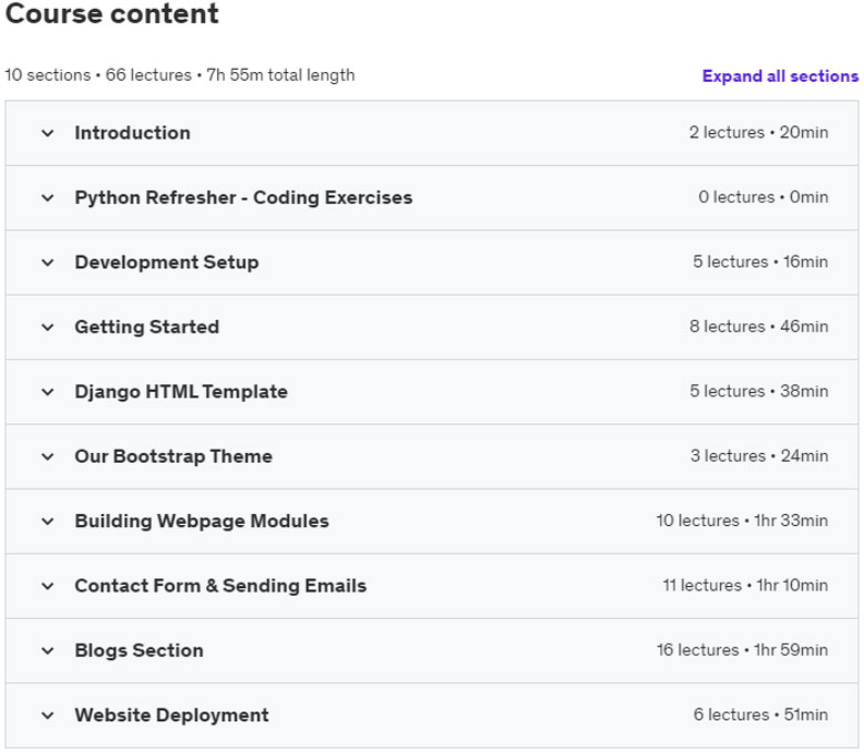 Course topics · Udemy — Django 5 – Build a Complete Website from Scratch to Deploy 2024-2
