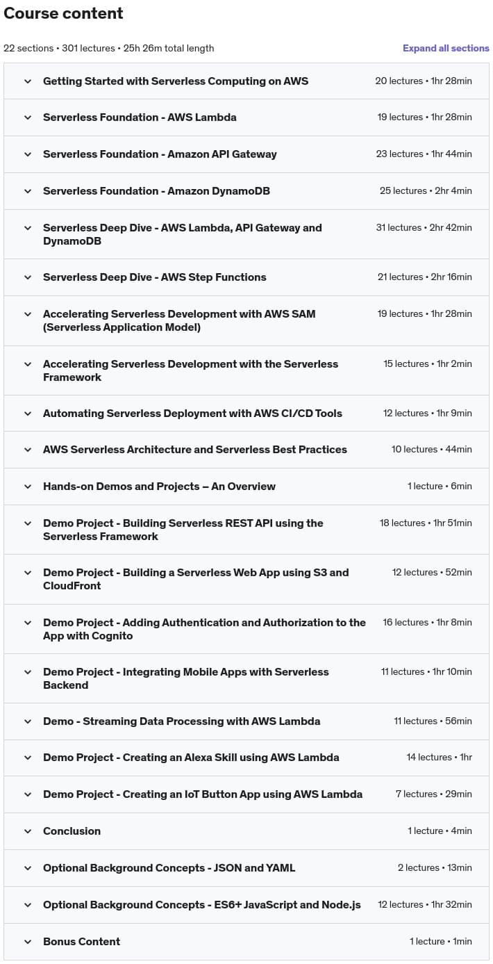 Course topics · Udemy — AWS Lambda & Serverless Architecture Bootcamp (Build 5 Apps) 2019-12