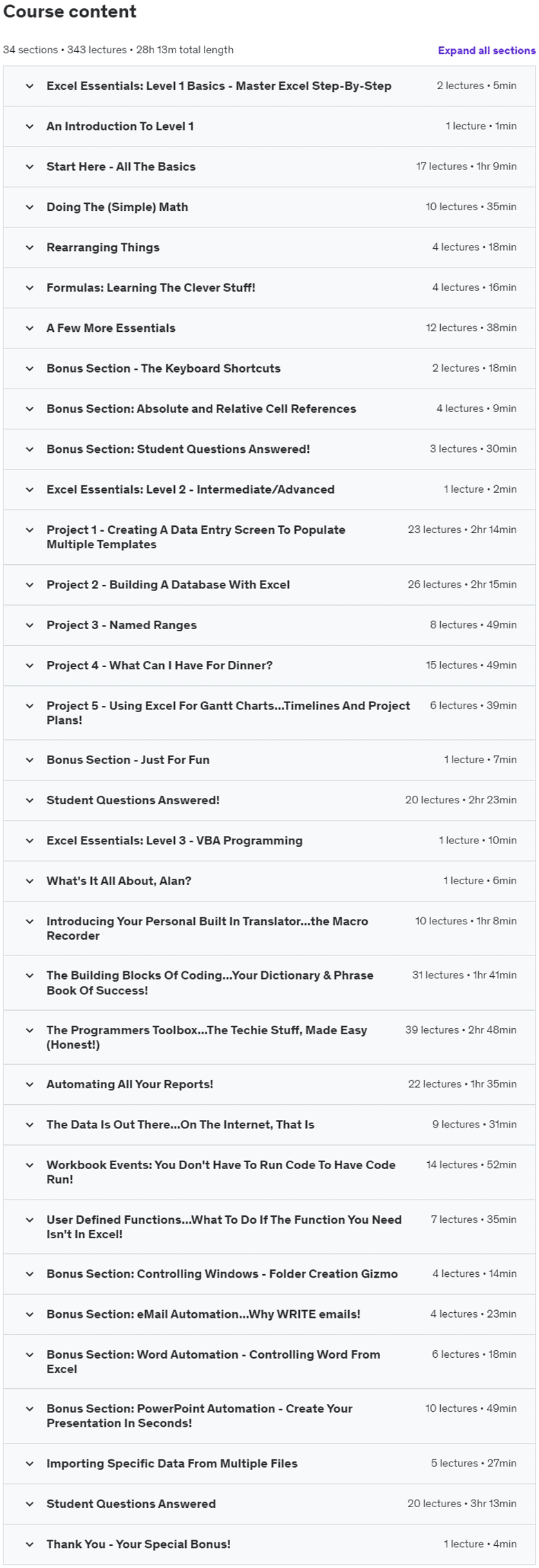 Course topics · Excel Essentials: The Complete Excel Series – Level 1, 2 & 3 2020-2