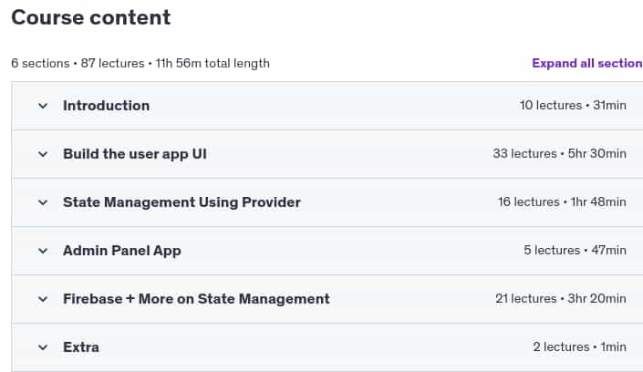 Course topics · Flutter & Firebase: build an E-commerce and Admin App [2024] 2024-2