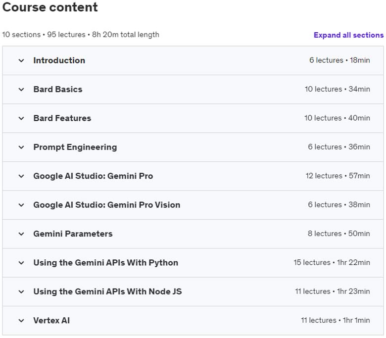 Course topics · Google Generative AI: Gemini API, Gen AI Studio, Bard & More 2024-1