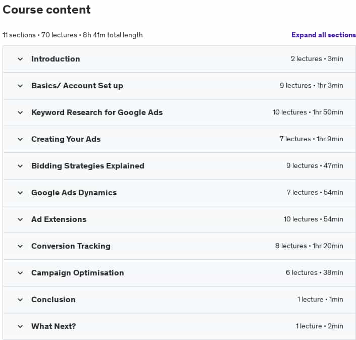 Course topics · Udemy — Google Ads For Beginners 2025 – Step By Step Process 2025-1