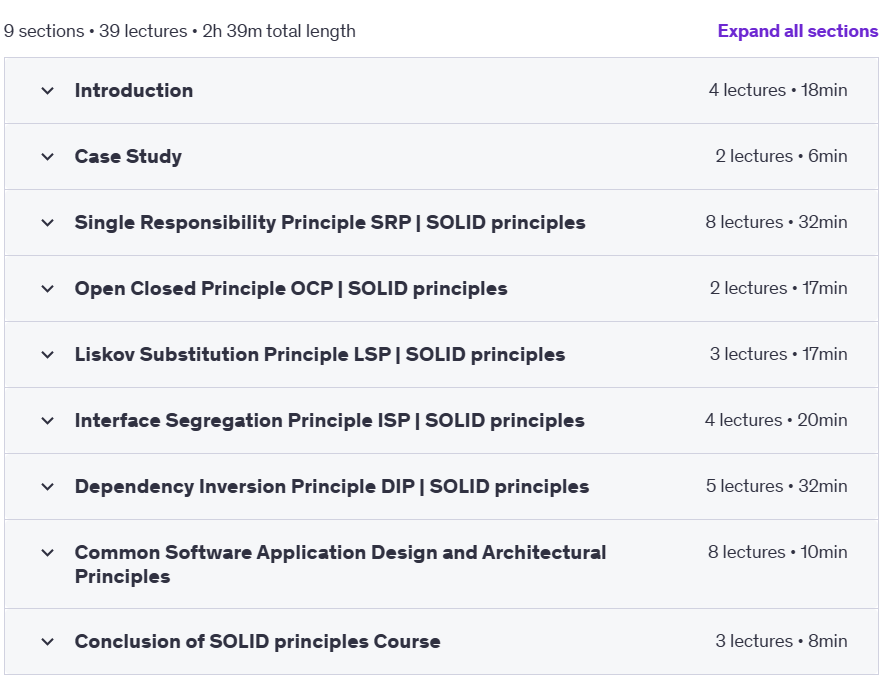 Course topics · Udemy — SOLID Principles in C# for Software Architecture & Design 2024-7