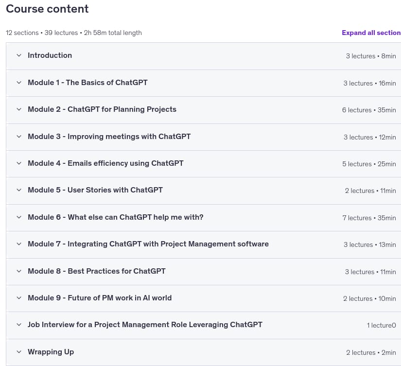 Course topics · Udemy — Project Management with ChatGPT 2026-6
