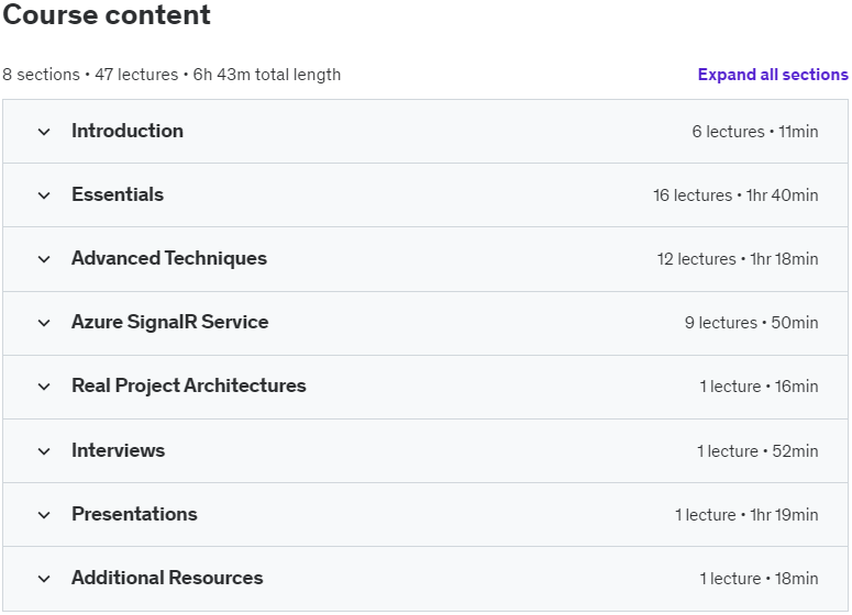 Course topics · Udemy — SignalR Mastery: Become a Pro in Real-Time Web Development 2023-1