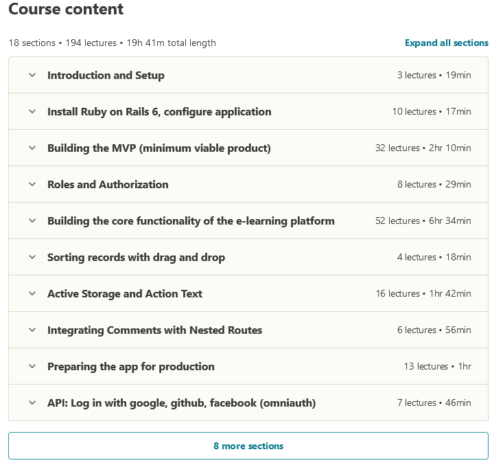 Course topics · Udemy — Ruby on Rails 6: Learn 25+ gems and build a Startup MVP 2020 2020-10