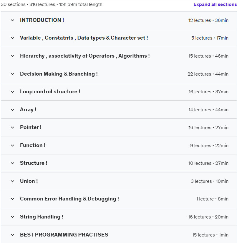 Course topics · The Complete C Developer Course – Build 7 Exciting Projects. 2023-5