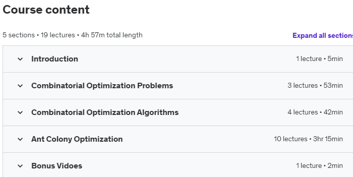 Course topics · Udemy — Combinatorial Problems and Ant Colony Optimization Algorithm 2018-11