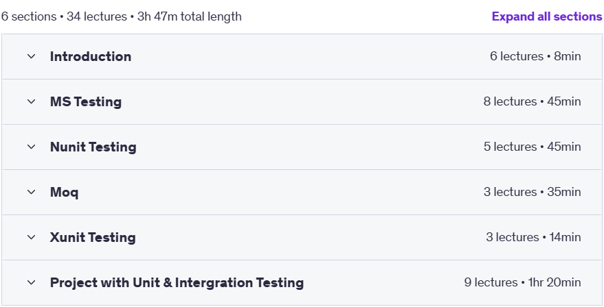 Course topics · Udemy — Mastering C# Testing From Unit to Integration with Moq 2025-1