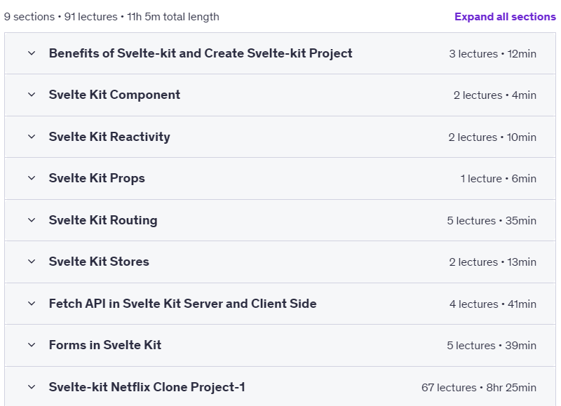 Course topics · SvelteKit Course: Build a Complete Netflix Clone Web Project 2024-6