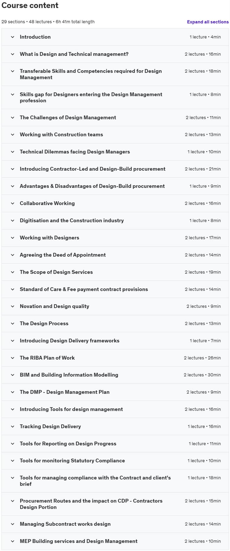 Course topics · Udemy — Design Management in Construction – Level 2 2021-10
