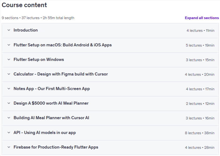 Temas del curso · Cursor y Figma Flutter Crea una Premium AI Planificador Meal 2026-2