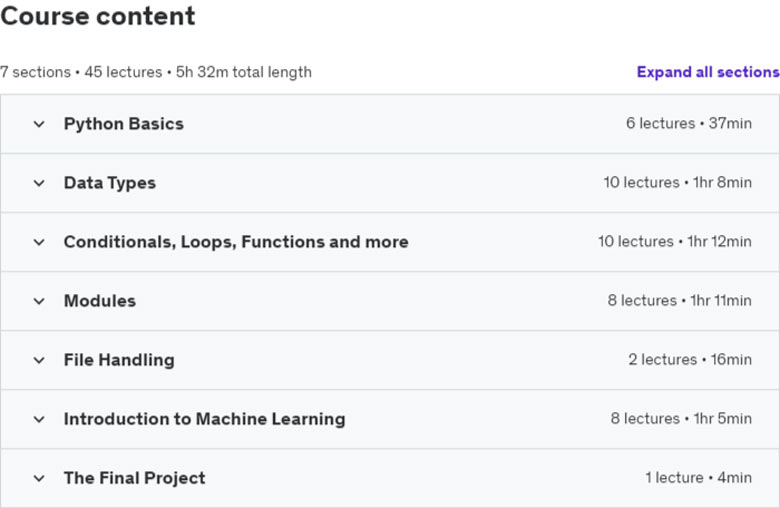 Course topics · Learn to Code in Python 3: Programming beginner to advanced 2024-5