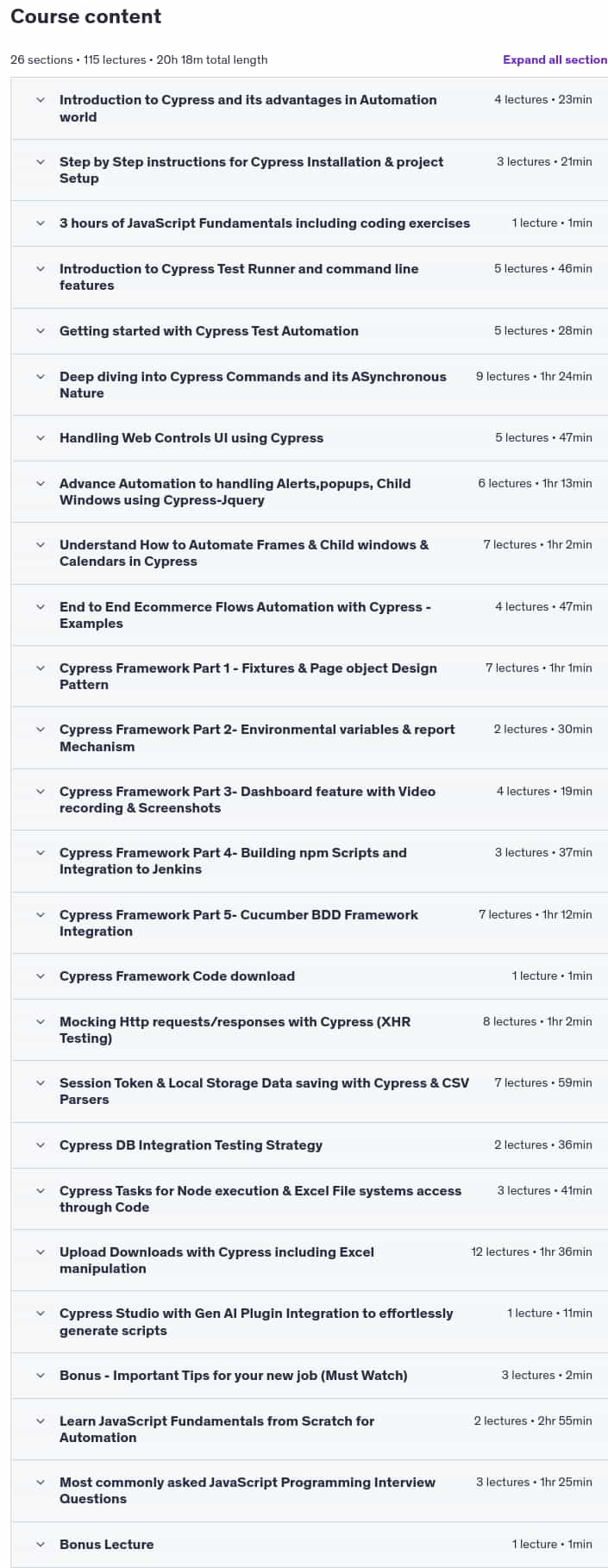 Course topics · Cypress -Modern Automation Testing from Scratch + Frameworks 2025-5