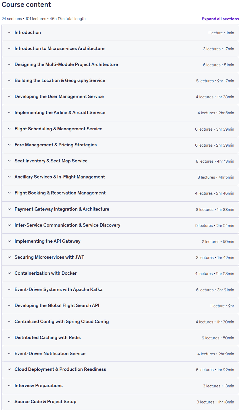 Course topics · Java Spring Boot Microservices: Build Airline Booking System 2026-7