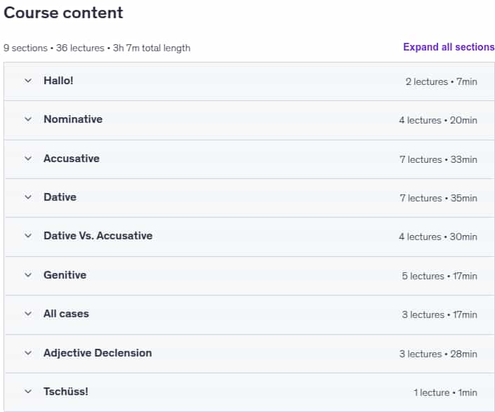 Course topics · Udemy — The 4 German Cases & Adjective Declension 2024-11
