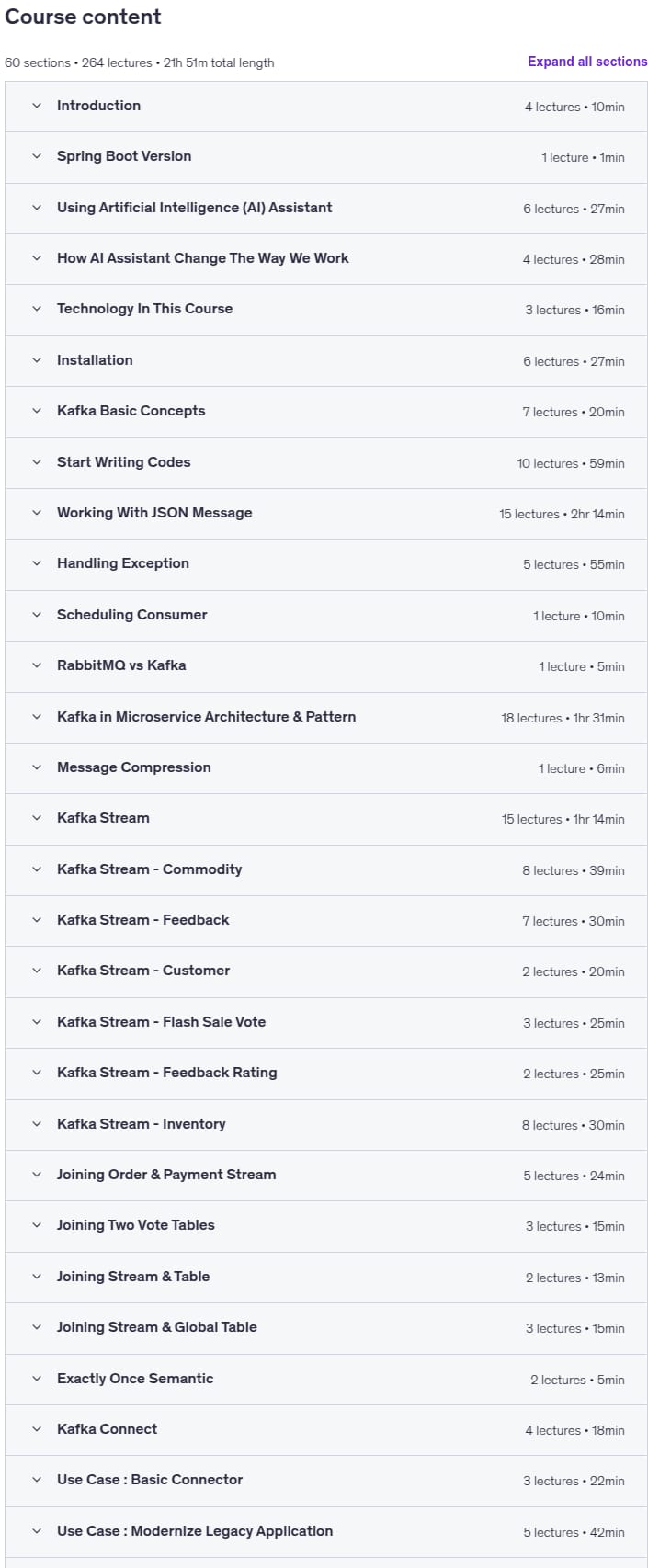 Course topics · Java Spring Boot 3, Apache Kafka Bootcamp-With AI Assistant 2025-6