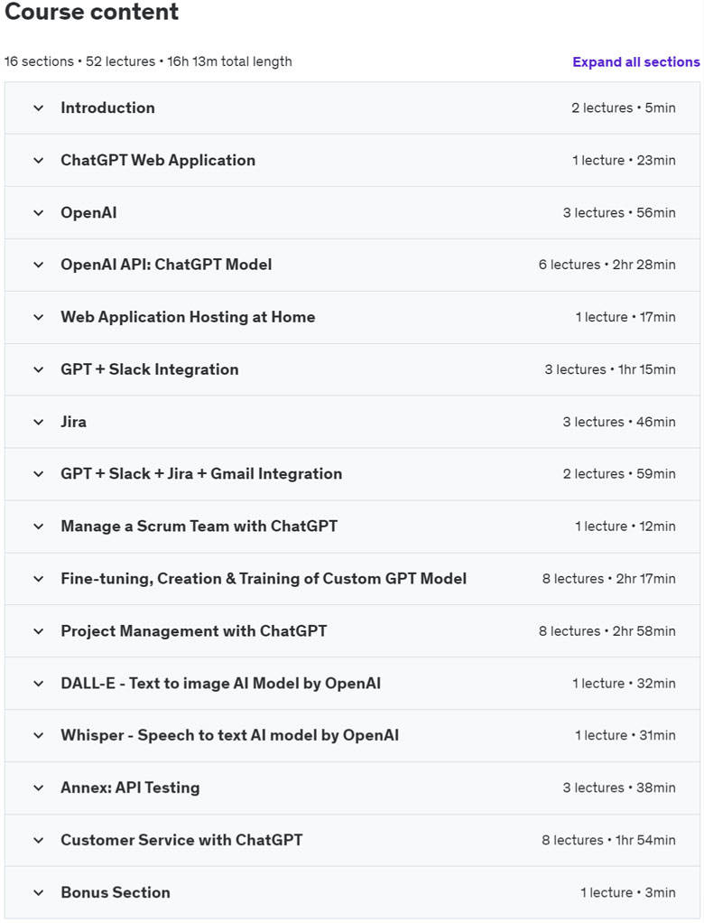 Course topics · Udemy — OpenAI API (ChatGPT, Whisper, DALL-E) – Complete Course 2023-10