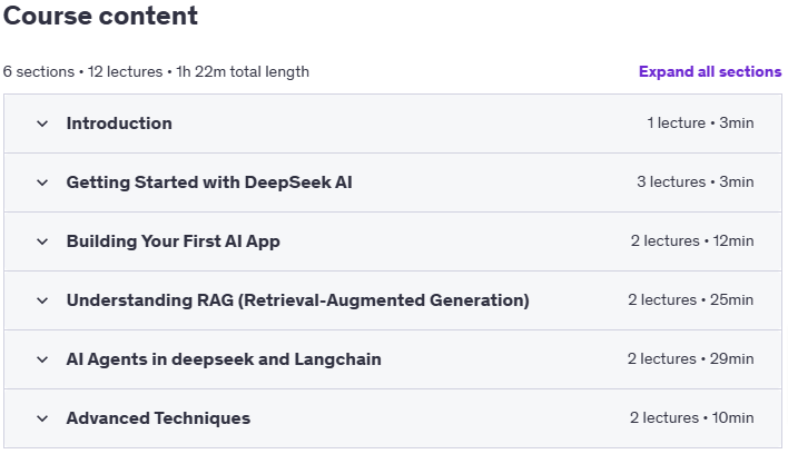 Course topics · Udemy — DeepSeek AI Mastery: From Basics to Advanced Applications 2025-1