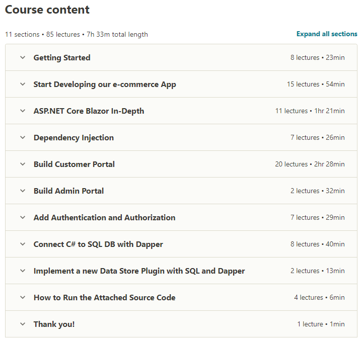 Course topics · Udemy — Complete Blazor Course – e-Commerce App & Clean Architecture 2021-5/2021-10