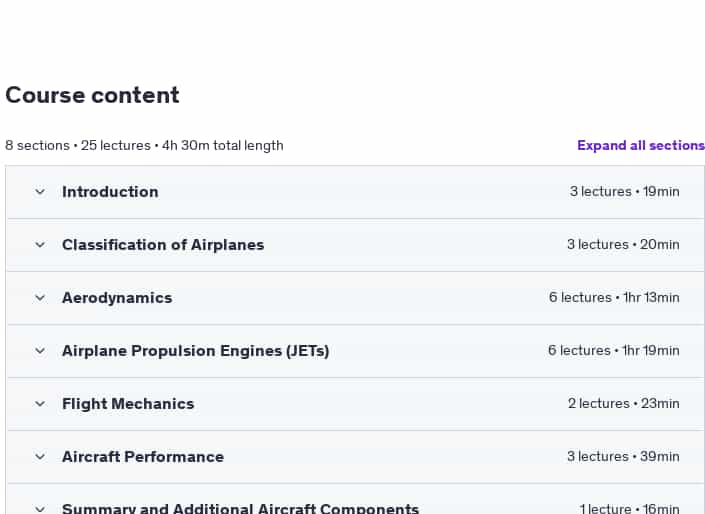 Course topics · Udemy — Aerospace Engineering: Aircraft Fundamentals 2025-2
