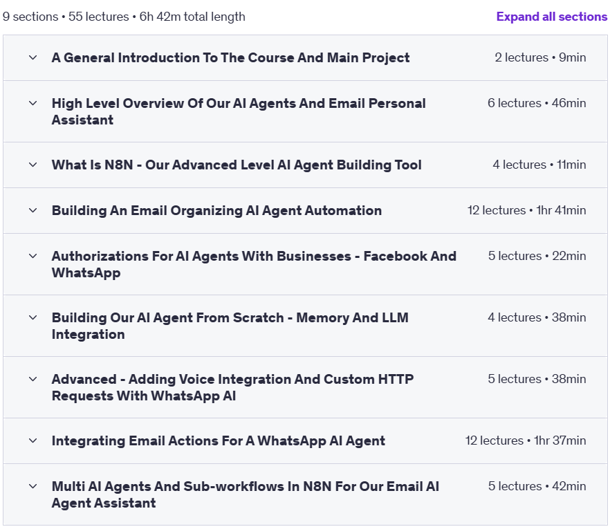 Course topics · Udemy — The Ultimate AI Agent – Emails And WhatsApp – Zero To Pro 2025-4