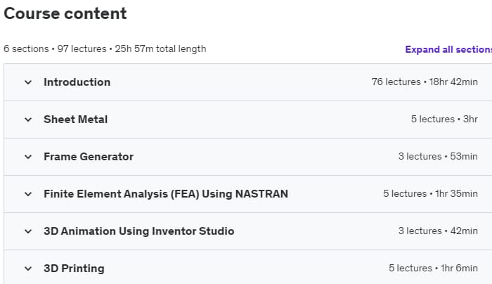 Course topics · Udemy — Autodesk Inventor, a complete guide from beginner to expert 2021-3