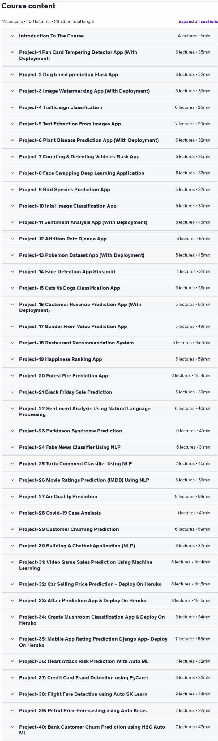 Course topics · Udemy — 40 Real World Data Science, Machine Learning Projects 2025 2025-6
