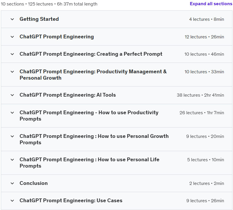 Course topics · Udemy — ChatGPT Prompt Engineering : 2100+ Prompts & 38 AI Tools 2023-2