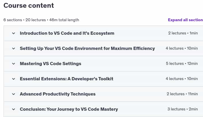 Course topics · Udemy — Quick Setup Visual Studio Code for Developers 2025: Mastery 2025-1