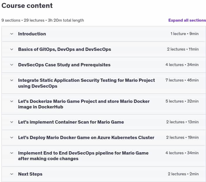 Course topics · Udemy — DevSecOps with Azure, GitHub Action, GitOps and AKS 2024-12