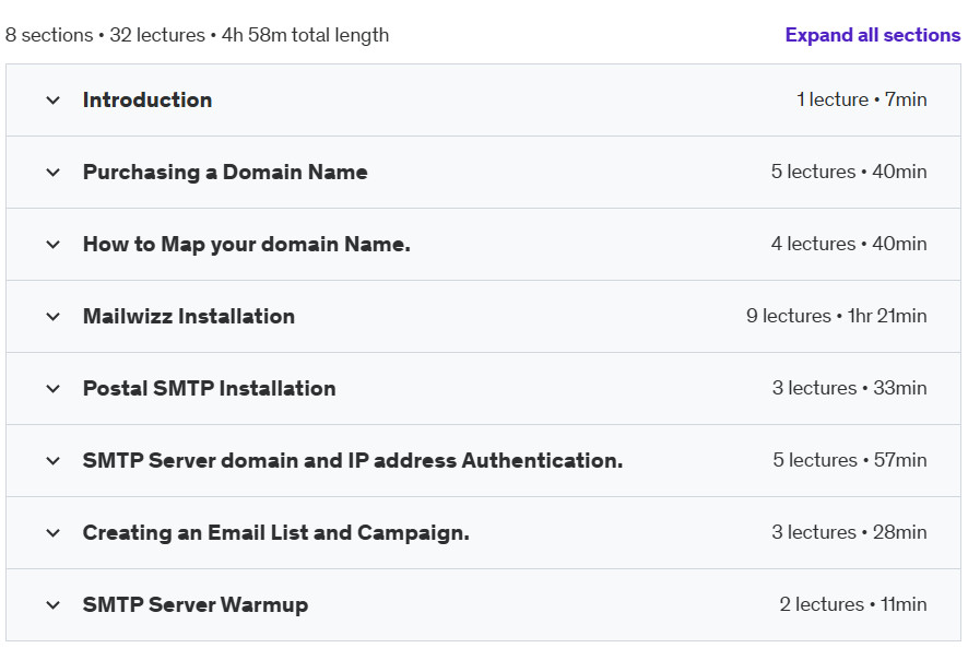 Course topics · Udemy — Email Marketing: Build Own SMTP and Send Unlimited Emails 2024-10