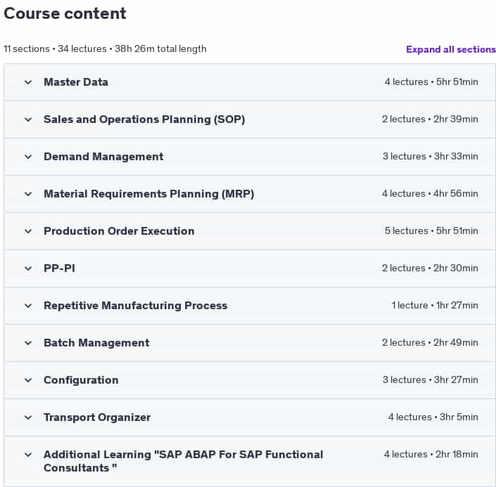 Course topics · Udemy — SAP Production Planning (PP) Module Online Practical Class 2025-3