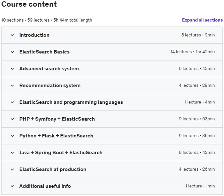 Course topics · Udemy — ElasticSearch as you have never known it before 2023-9