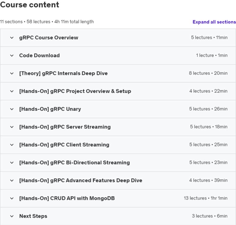 Course topics · Udemy — gRPC [Java] Master Class: Build Modern API & Micro services 2022-8