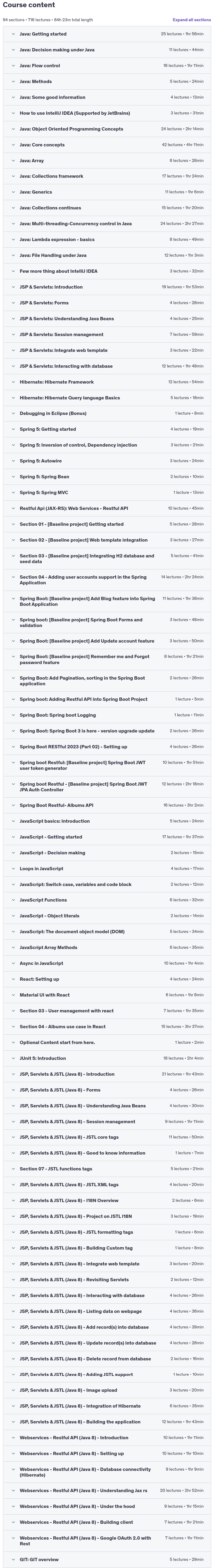 Course topics · FULL STACK JAVA DEV: JAVA + JSP + SPRING + BOOT + JS + REACT 2025-2