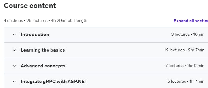 Course topics · Udemy — The complete masterclass for gRPC in .NET (.NET 8) 2023-4