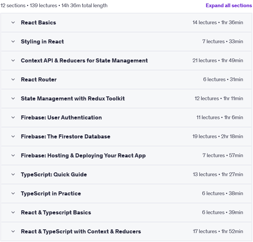 Course topics · Udemy — REACT JS For Beginners with Redux, Firebase & TypeScript 2023-9