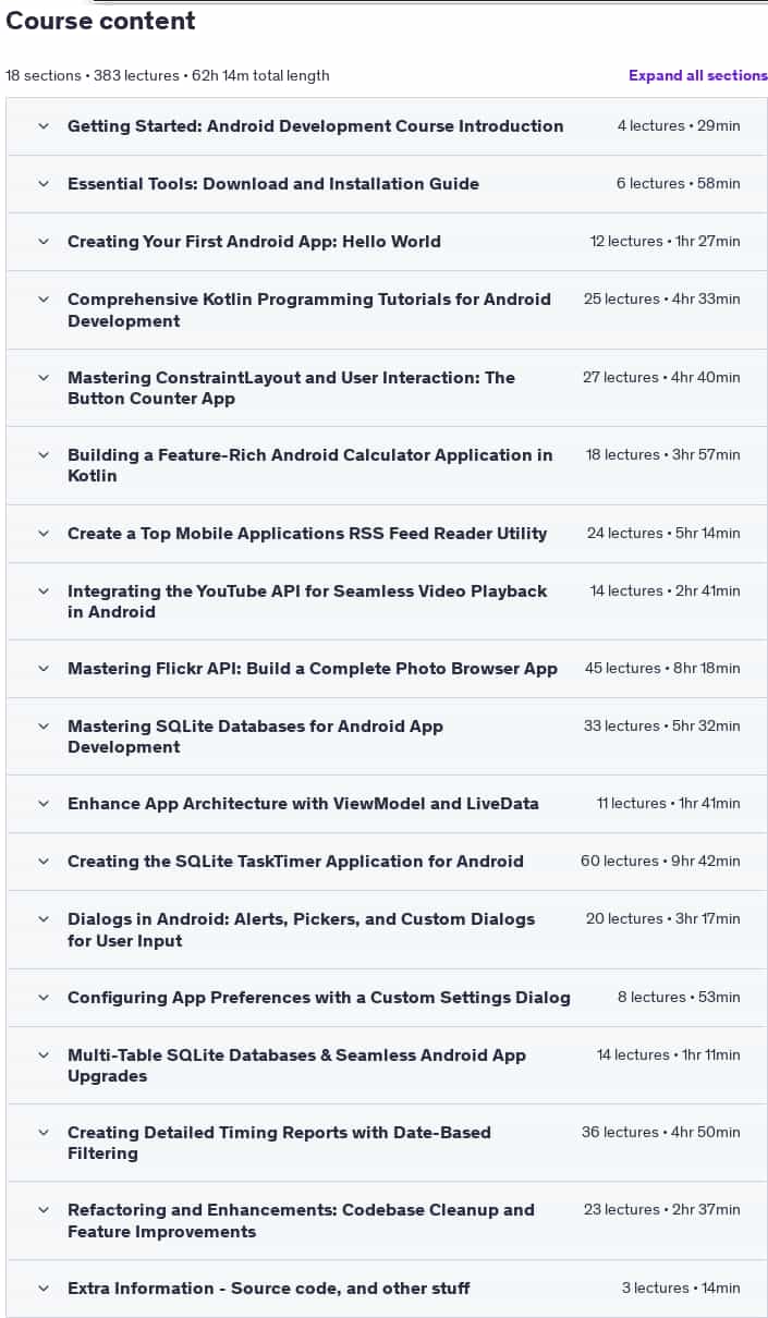 Course topics · Udemy — Android App Development Masterclass using Kotlin 2025-4