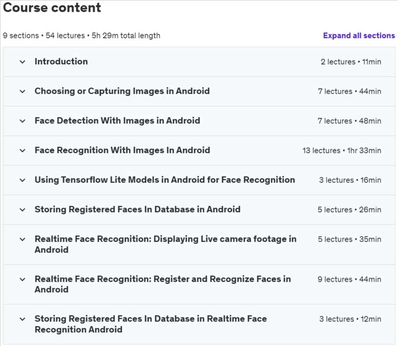 Course topics · Face Recognition in Android- The 2024 Android ML Guide 2024-2