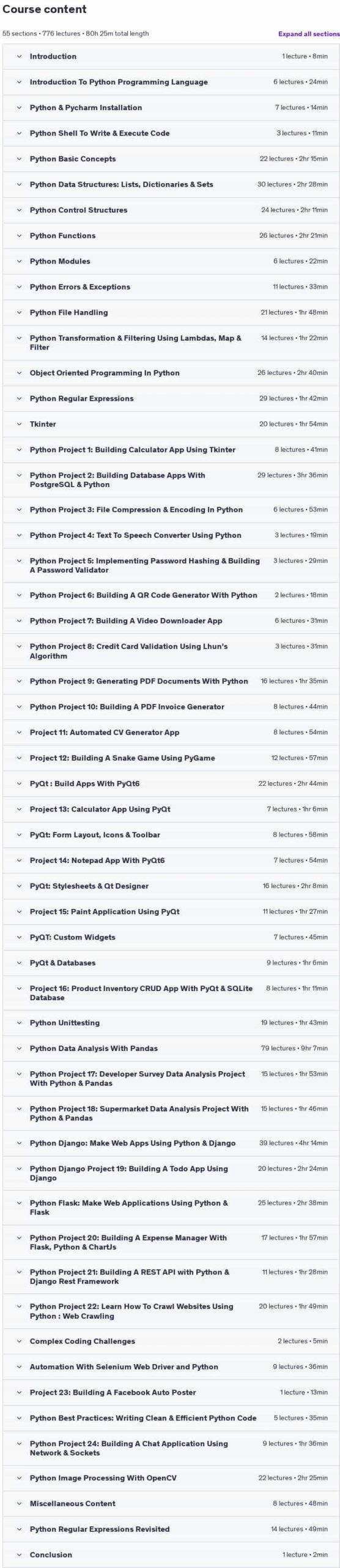 Course topics · The Ultimate Python Masterclass: Build 24 Python Projects 2025-6