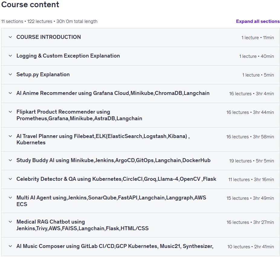 Course topics · Udemy — LLMOps And AIOps Bootcamp With 8 End To End Projects 2026-4