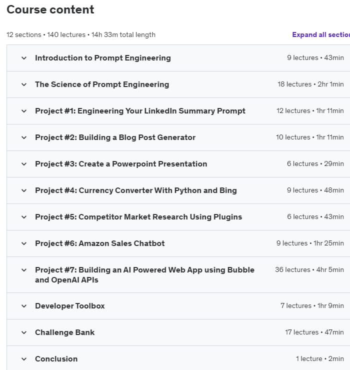 Course topics · Udemy — Complete ChatGPT Prompt Engineering Course 2023-1