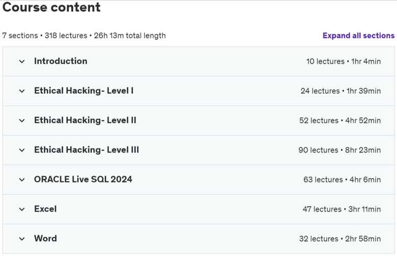 Course topics · Udemy — Ethical Hacking + Linux + SQL + Excel + Word : IT PRO v2 2024-5