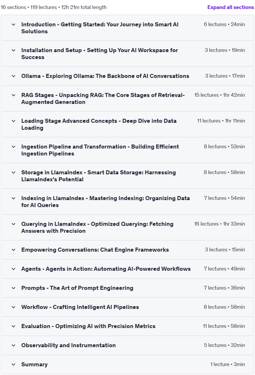 Course topics · Udemy — Mastering LlamaIndex: Build Smart AI-Powered Data Solutions 2025-1